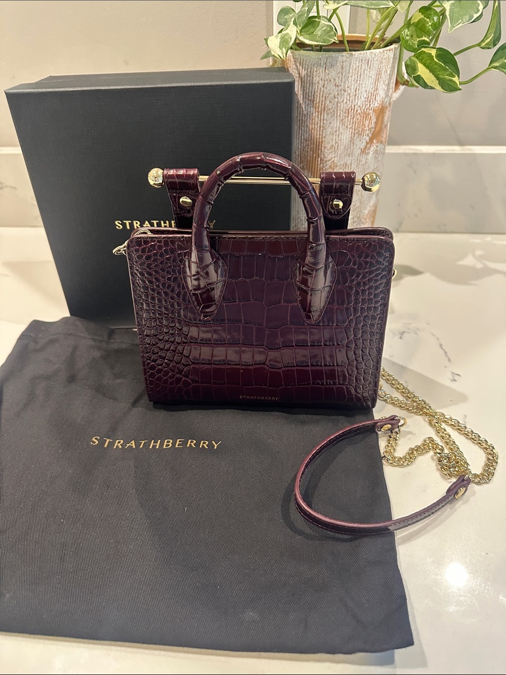 Strathberry Croc-Embossed Mini Tote in Deep Burgundy with Gold Hardware